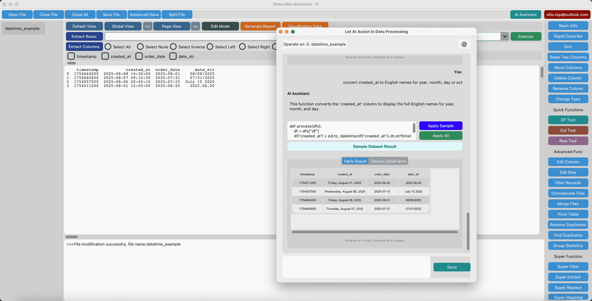 Example: Type your requirement and DataOlllo generates the correct code