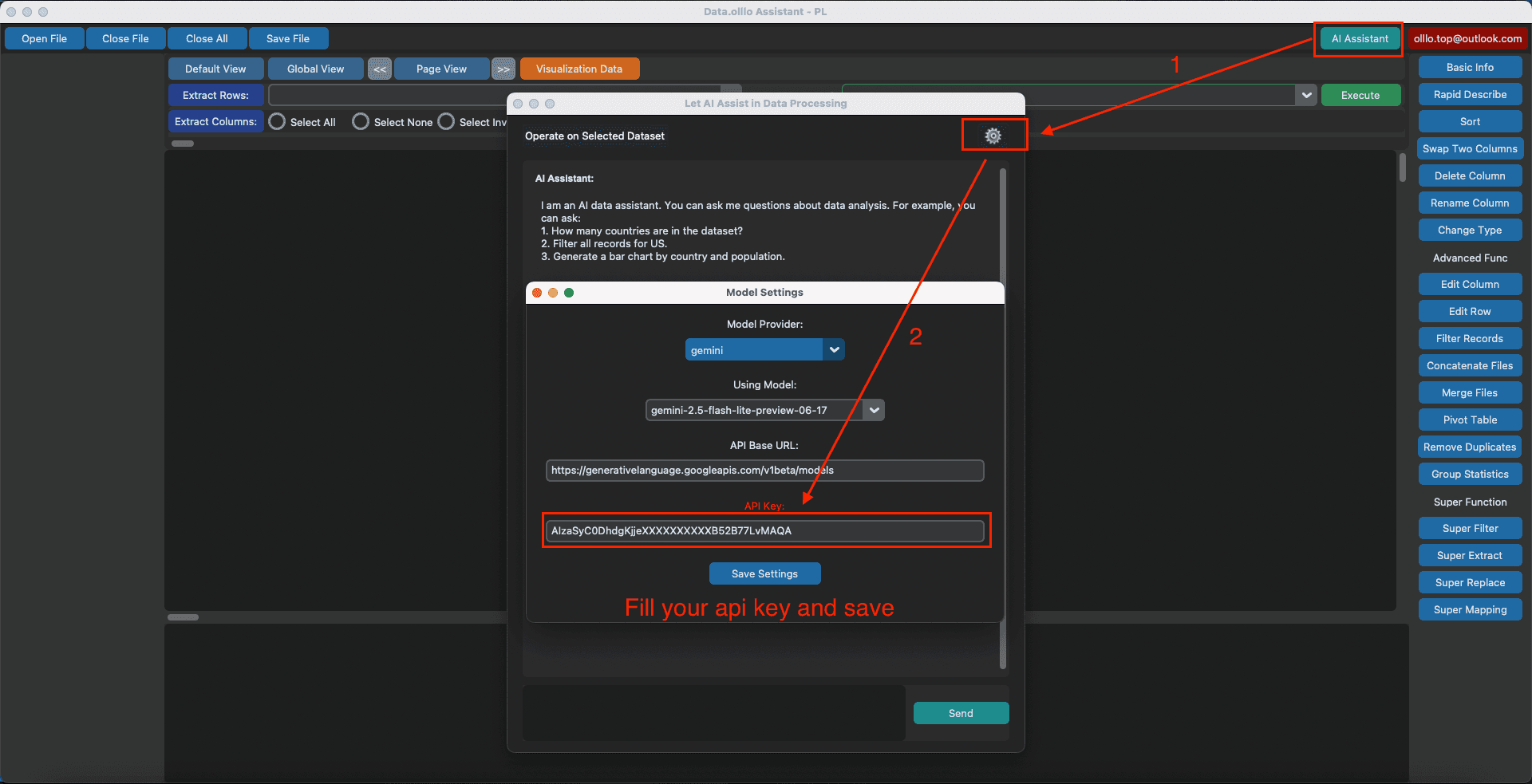 DataOlllo AI settings popup screenshot