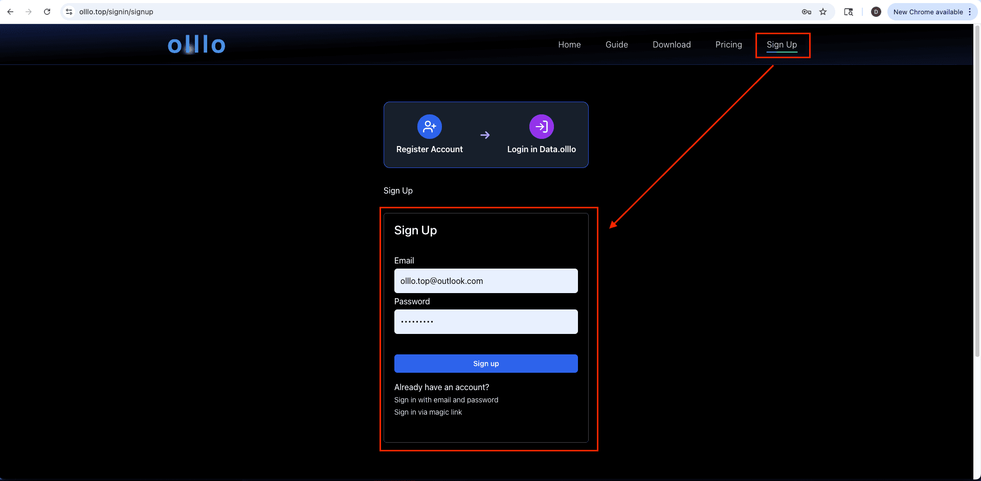 Sign up for DataOlllo AI