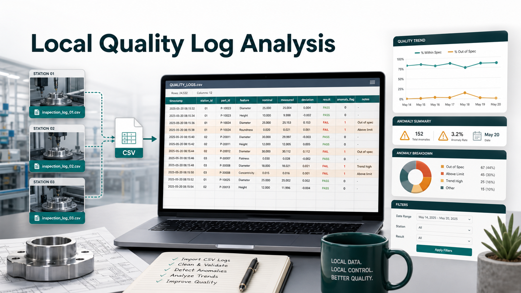 Manufacturing Quality Log Analysis: Clean Inspection CSVs Locally Before Weekly Review